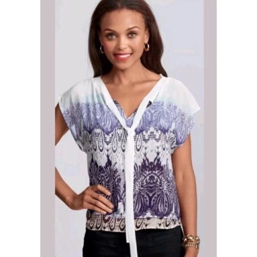 CAbi Top Size M Semi Sheer Blue White Lace Print Purple paisley spring V Neck